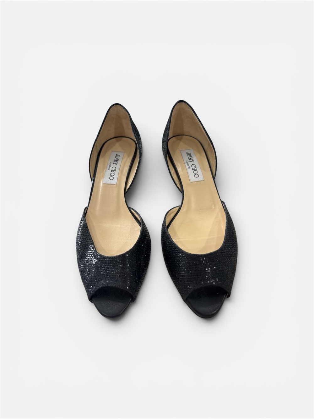 Jimmy Choo Black Sequin Peep-Toe Flats - D'Orsay Style